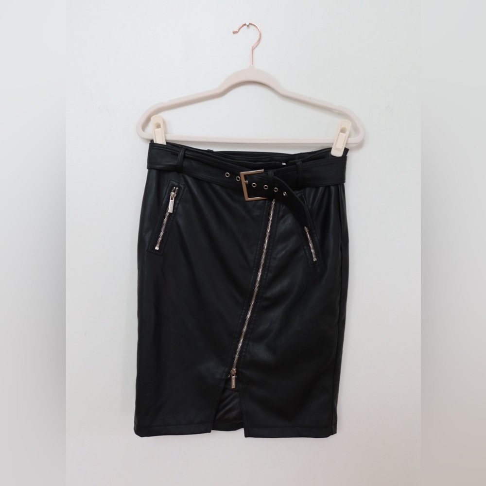 Morgan de Toi Black Faux Leather Pencil Skirt with Belt and Zipper